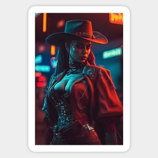 Cowgirl Cyperpunk Beauty with Futuristic Cityscape - Ultra Realistic Sticker